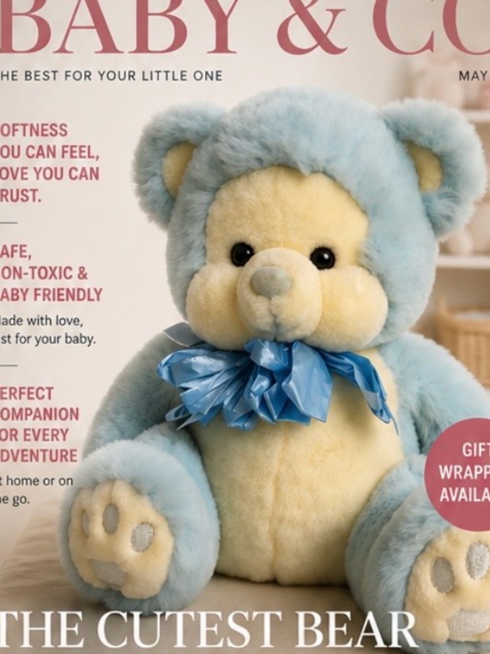 Plush Blue & Cream Teddy Bear with Ribbon